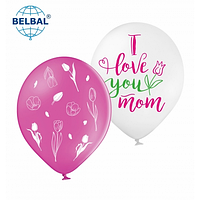 Латексный шарик BELBAL 12"(30 см) "I love you Mom" тюльпаны