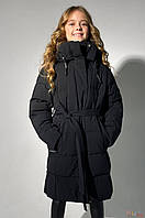 Пальто зимнее черного цвета с капюшоном для девочки (140 см.) Puros Poro
