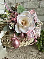 Лента с магнолией на пасхальную корзину, украшение с цветами на корзинку, пасхальный декор на корзину, 1,5м.