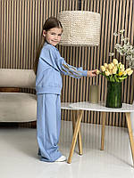 Детский вышитый костюм для девочек голубого цвета с вышитыми рукавами размеры 104, 110, 116, 122