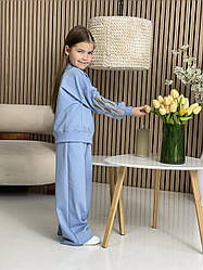 Дитячий вишитий костюм для дівчаток блакитного кольору з вишитими рукавами розмір 110