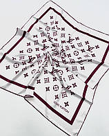 Стильный шелковый платок Louis Vuitton Луи Витон. Молодежный весенний брендовый платок с ручной подшивкой Бело - Бордовый