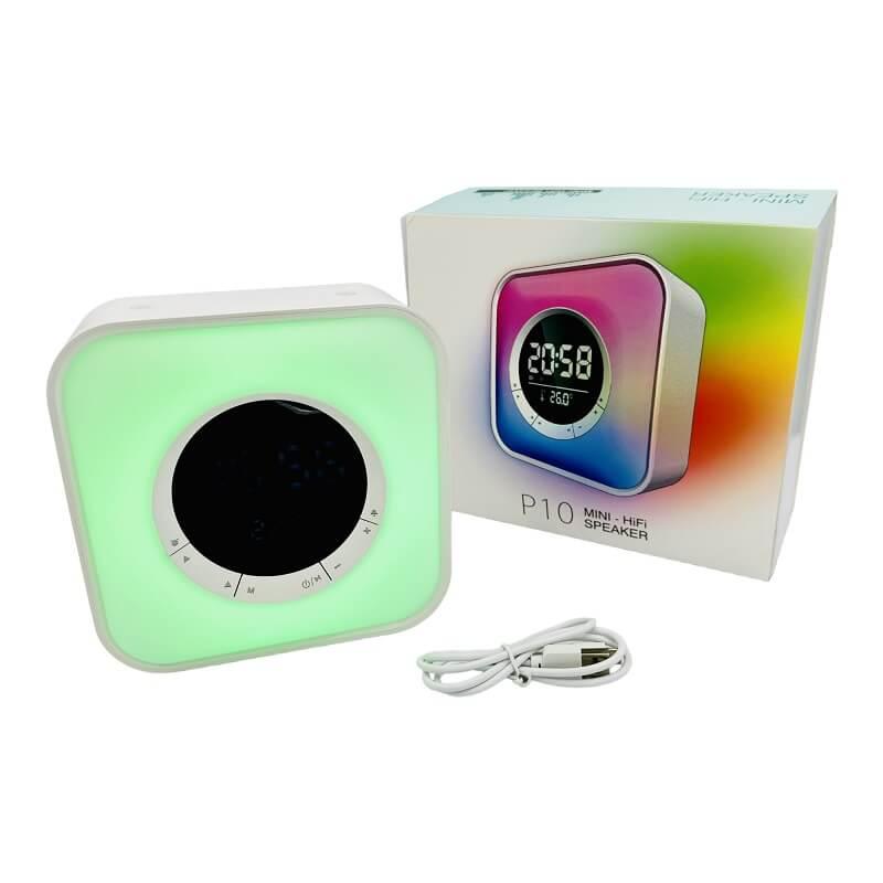 Сучасна Bluetooth колонка з кольоровим RGB-підсвічуванням Mini Hi-Fi P-10 з годинником, будильником, FM-приймачем