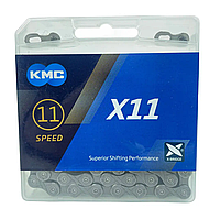Цепь велосипедная KMC X11, 11 скоростей, 118 звеньев, с замком, хром + серый