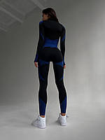 Бесшовный женский спортивный костюм тройка для фитнеса 3в1 черный с синим (лосины, топ, рашгард).nt