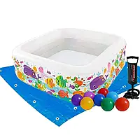Детский надувной бассейн детские бассейны Intex интекс с шариками 10 шт, подстилкой, насосом 159 х 159 х 50 см