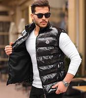 Moncler блестящая стильная молодежная жилетка мужская брендовая Монклер безрукавка черная жилет