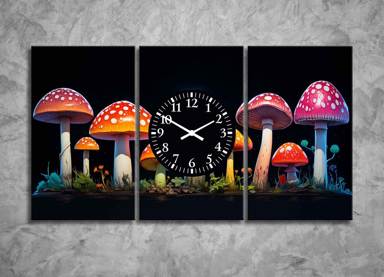 Картина Гриби На Чорному тлі з годинником Грибочки Декор на стіну в Дитячу Кімнату Яскравий Подарунок Сучасний VE