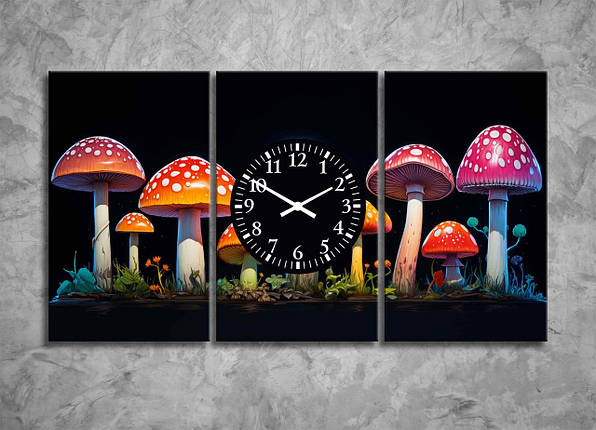 Картина Гриби На Чорному тлі з годинником Грибочки Декор на стіну в Дитячу Кімнату Яскравий Подарунок Сучасний VE, фото 1