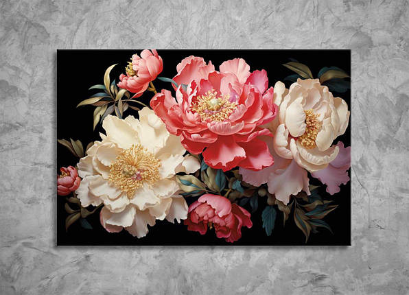 Картина Ніжні Півонії на Чорному тлі Рожеві Квітковий Сад Букет Яскраві Квіти Стильний Настінний Декор Весняний, фото 1