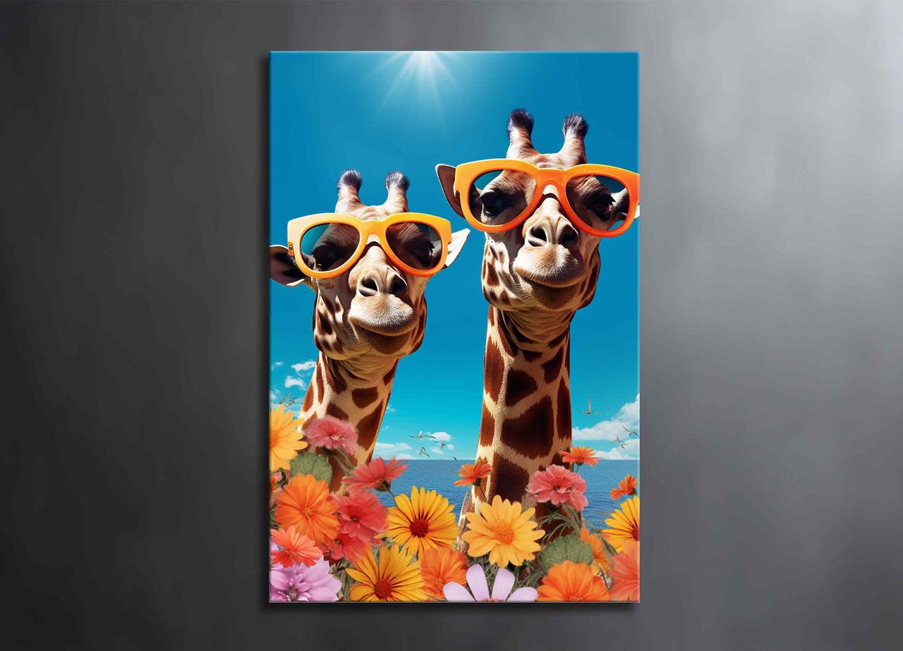 Картина Жирафи в Окулярах Яскравий Настінний Декор Тварини Квіти Позитивна Картина Креативна Ідея на Стіну VE