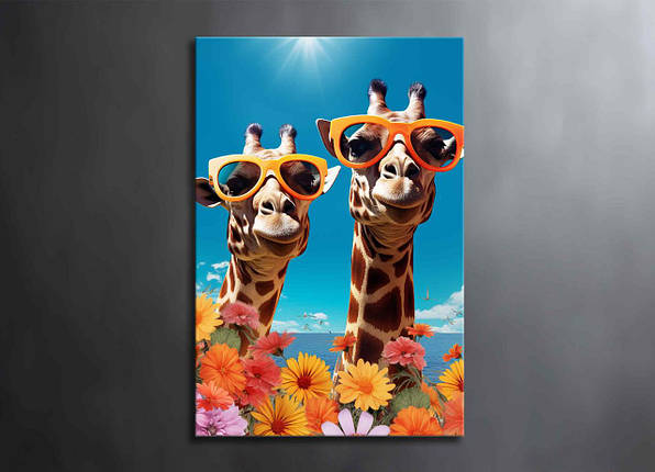 Картина Жирафи в Окулярах Яскравий Настінний Декор Тварини Квіти Позитивна Картина Креативна Ідея на Стіну VE, фото 1