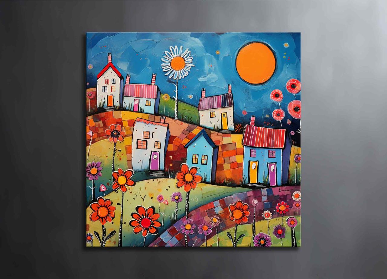 Картина Яскраві Будиночки Яскравий Декор на Стіну Дитяча Кімната Подарунок для Дитини Позитивна та Креативна Картина VE