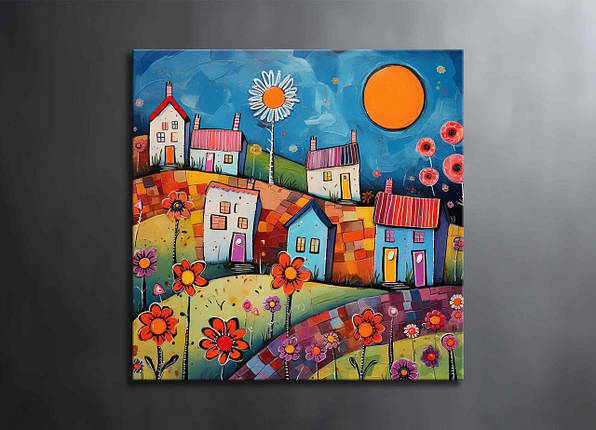 Картина Яскраві Будиночки Яскравий Декор на Стіну Дитяча Кімната Подарунок для Дитини Позитивна та Креативна Картина VE, фото 1