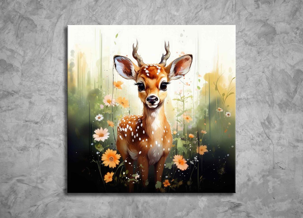 Картина Оленя з Квітами Лань Миле Тварина в дитячу Кімнату Бембі Квіткове Поле Милий Декор на Стіну VE