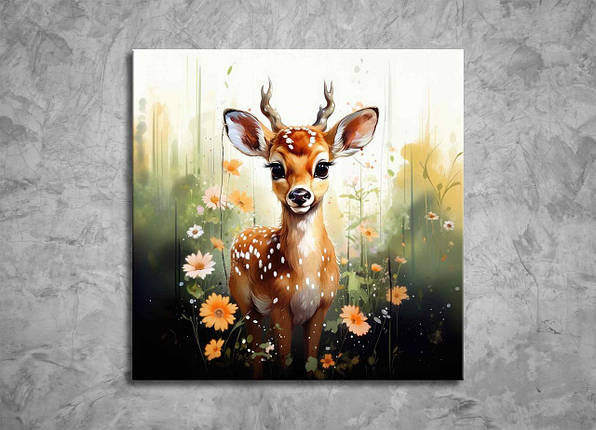 Картина Оленя з Квітами Лань Миле Тварина в дитячу Кімнату Бембі Квіткове Поле Милий Декор на Стіну VE, фото 1