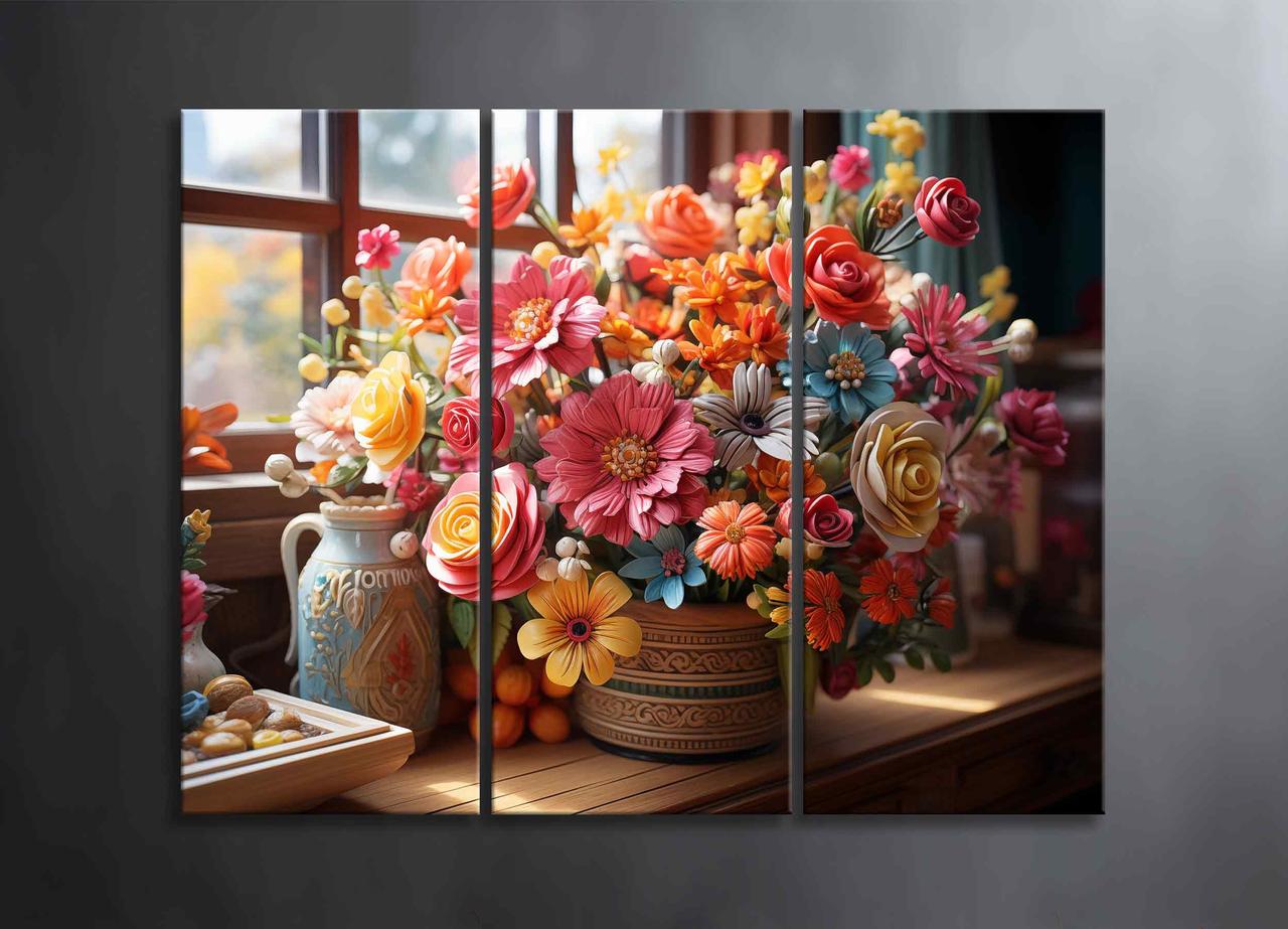 Модульна Картина Квіти у Вазі Натюрморт Букет Квітів Яскрава Картина на Стіну Декор на Подарунок у Вітальню Арт