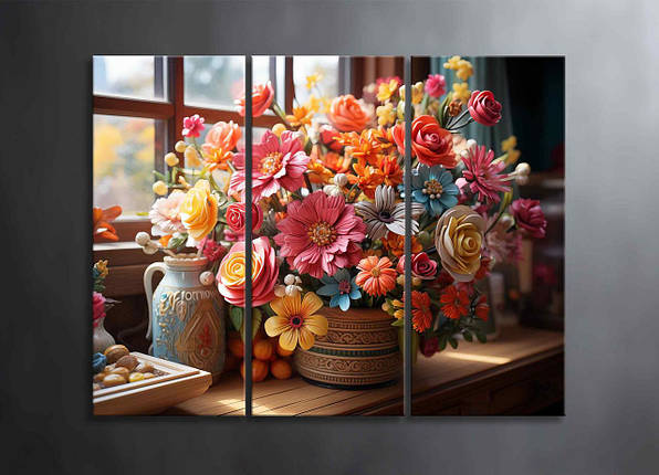 Модульна Картина Квіти у Вазі Натюрморт Букет Квітів Яскрава Картина на Стіну Декор на Подарунок у Вітальню Арт, фото 1
