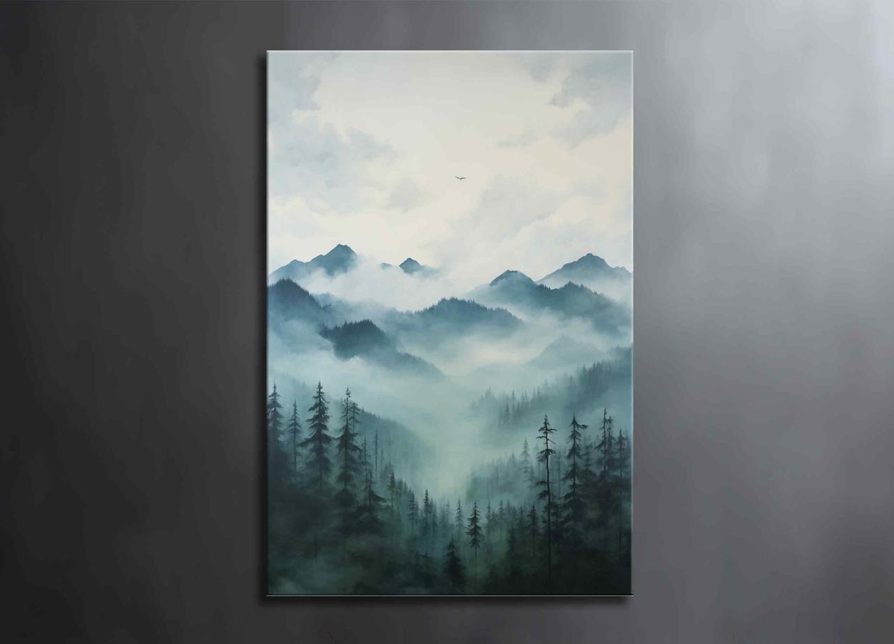 Картина Туманний Ліс Гірський Ліс Гори Великі Дерева Ялинки Природа Красивий Пейзаж Сучасний Настінний Декор