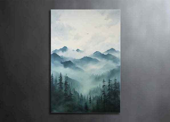 Картина Туманний Ліс Гірський Ліс Гори Великі Дерева Ялинки Природа Красивий Пейзаж Сучасний Настінний Декор, фото 1
