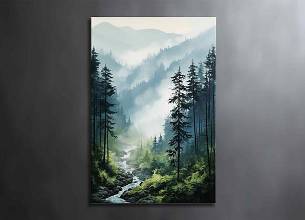 Картина Гірська Річка Гори Великі Дерева Ялинки Природа Красивий Пейзаж Сучасний Настінний Декор На стіну VE, фото 1