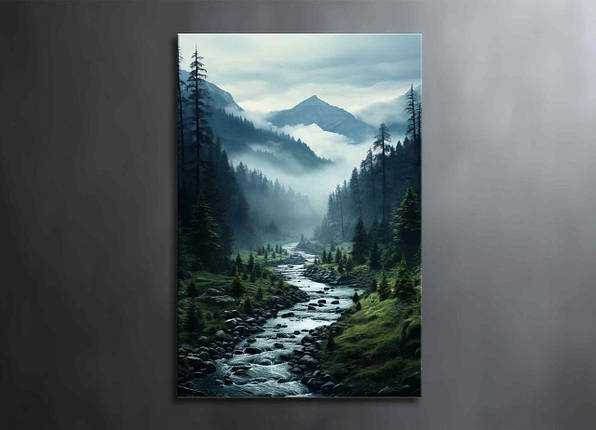 Картина Гарний Пейзаж Гірська Річка Гори Великі Дерева Ялинки Природа Настінний Декор На стіну VE, фото 1