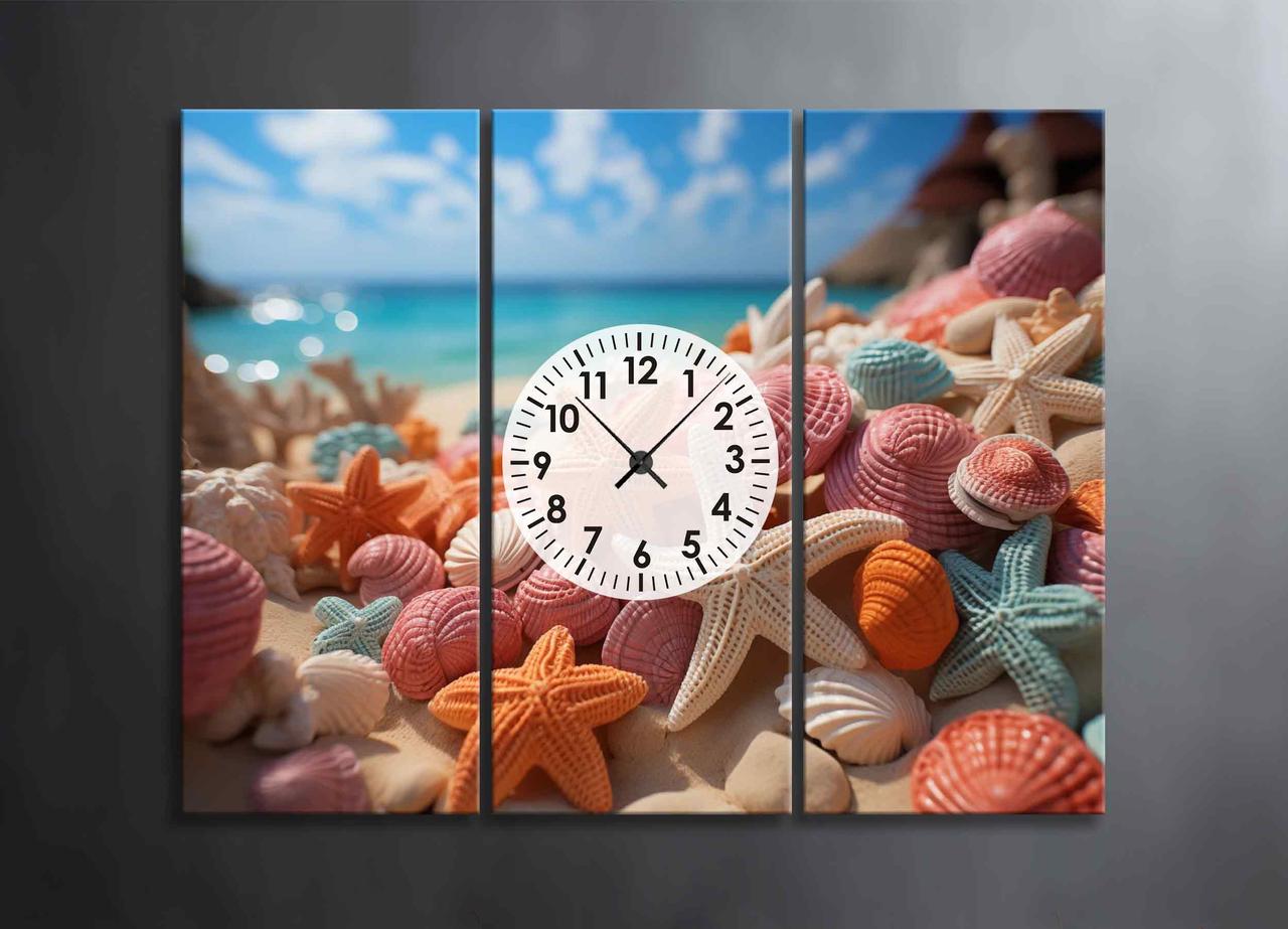 Картина з Годинниками Морські Зірки Пляж Черепашки Море Камені Яскравий Декор на Стіну Літній Настрій Оригінальний VE