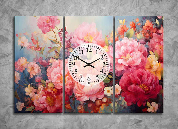 Картина з Квітами Модульна з Годинниками Настінний Декор Квіти Годинники на Стіну Креативний Подарунок Яскравий Великий Півонія VE, фото 1