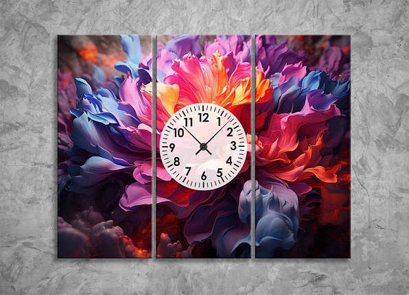 Картина з Годинниками Абстрактна Квітка Яскравий Декор на Стіну з 3 частин Райдужний Півонія Модерн Арт Абстракція Флора, фото 1