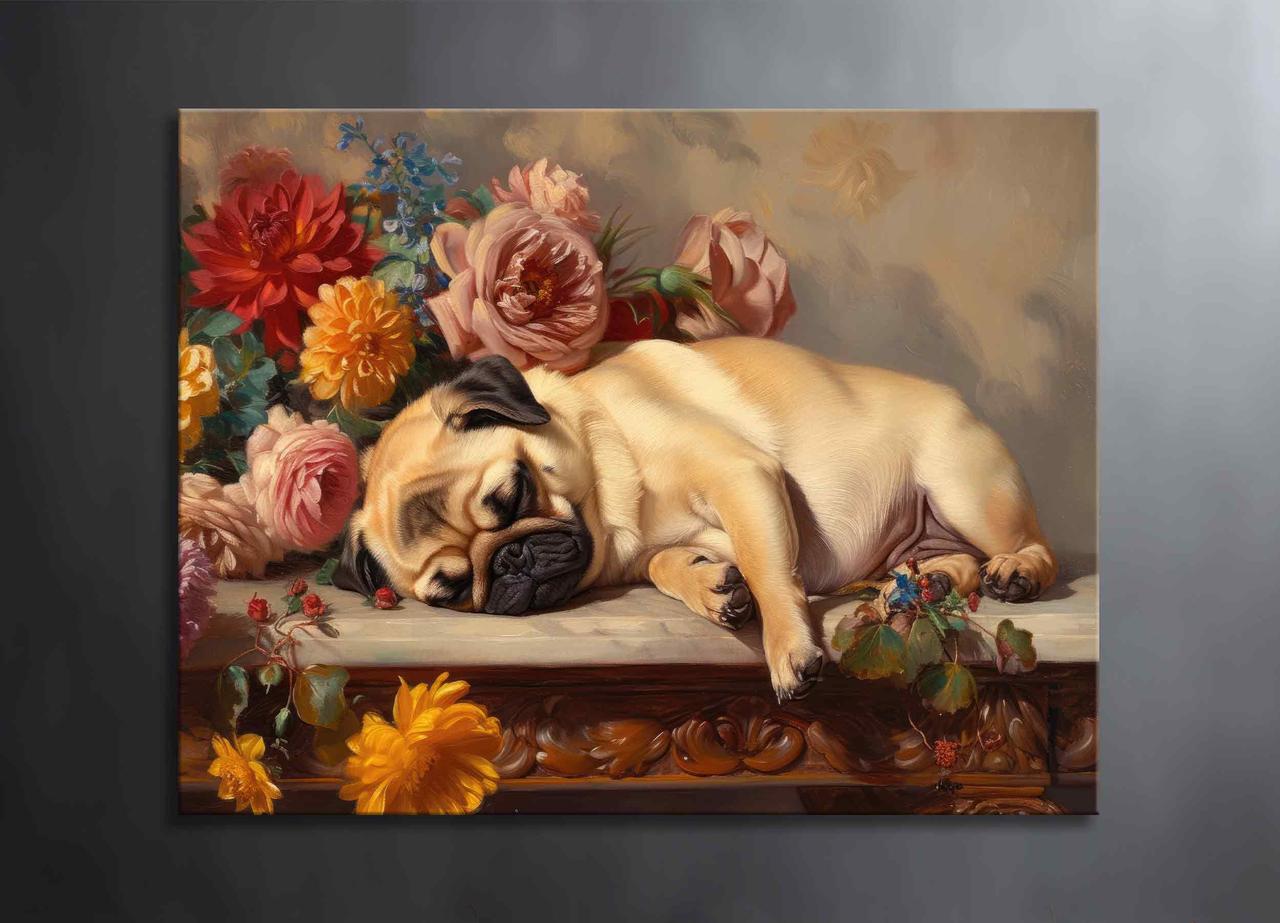 Картина Сплячий Мопс з квітами Яскравий Декор із Тваринними Мила Картина на Стіну Подарунок для Шанувальників Собак