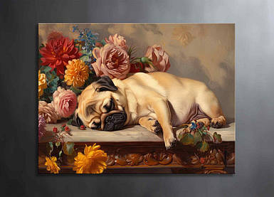 Картина Спящий Мопс с Цветами Яркий Декор с Животными Милая Картина на Стену Подарок для Любителей Собак