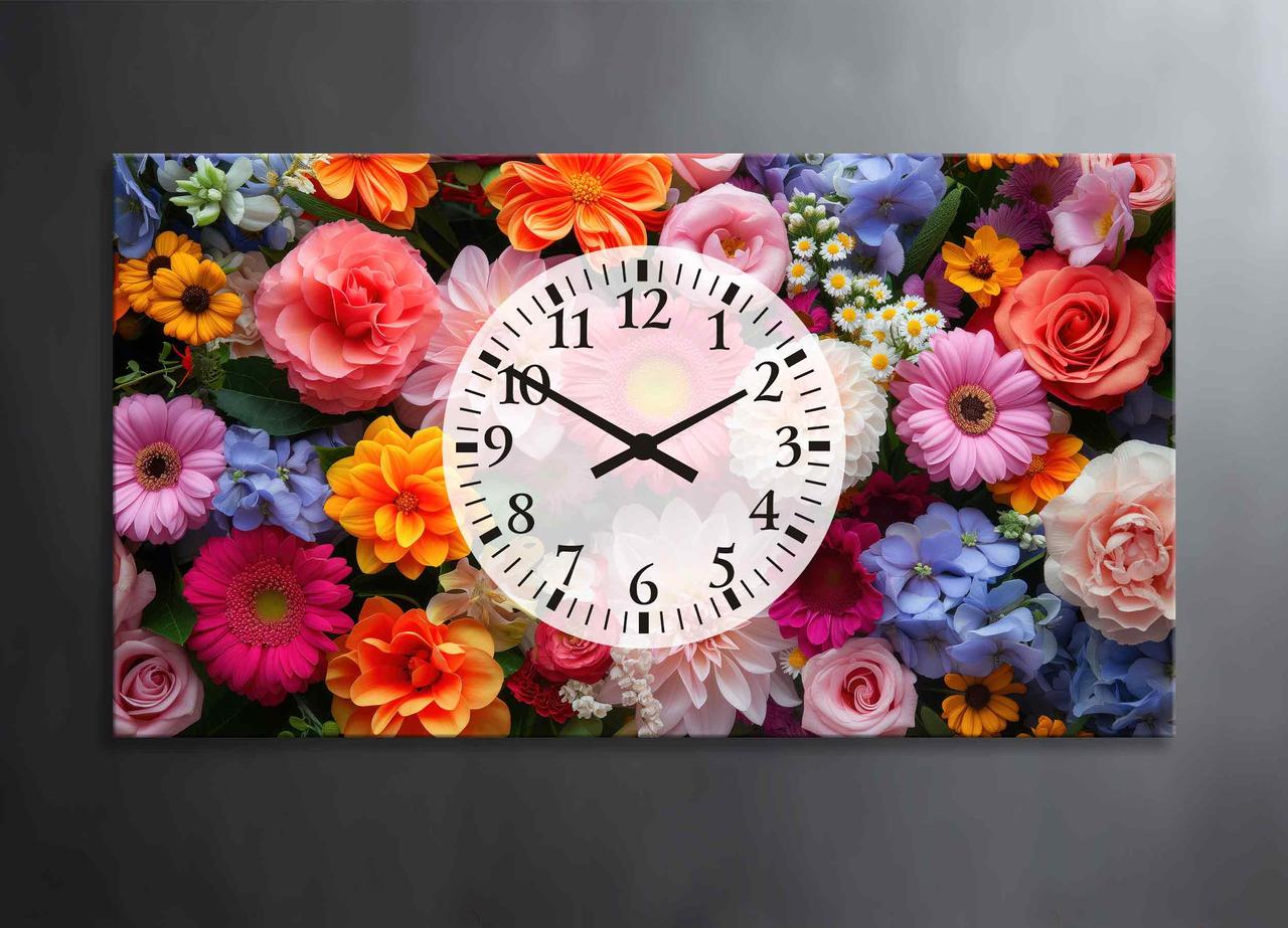 Картина Яскраві Квіти з Годинниками Естетичний Декор Сад з Квітами Різнобарвний Букет Стильний Подарунок на Стіну VE