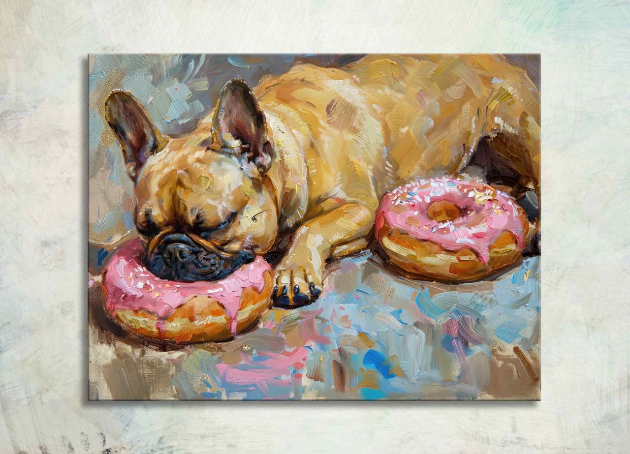 Картина Сплячий Мопс з Пончиками Собака Спить Сучасний Декор з Тваринами для Любителів Домашніх Вихованців VE