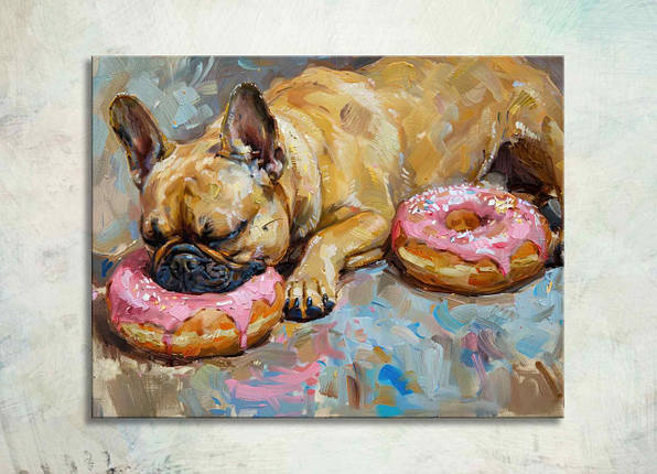 Картина Сплячий Мопс з Пончиками Собака Спить Сучасний Декор з Тваринами для Любителів Домашніх Вихованців VE, фото 1