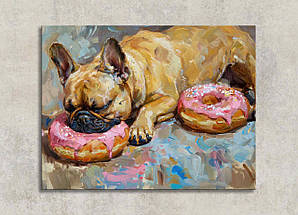 Картина Сплячий Мопс з Пончиками Собака Спить Сучасний Декор з Тваринами для Любителів Домашніх Вихованців VE, фото 3