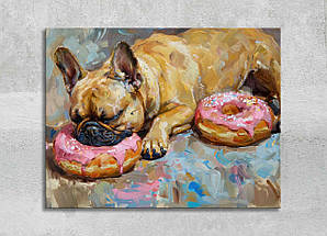 Картина Сплячий Мопс з Пончиками Собака Спить Сучасний Декор з Тваринами для Любителів Домашніх Вихованців VE, фото 4