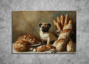 Картина Мопс з Булочками Багет Собака з Хлібом Сучасний Декор з Тваринами для Любителів Домашніх Вихованців VE, фото 3