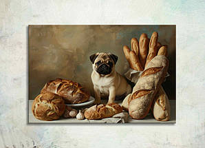 Картина Мопс з Булочками Багет Собака з Хлібом Сучасний Декор з Тваринами для Любителів Домашніх Вихованців VE, фото 4