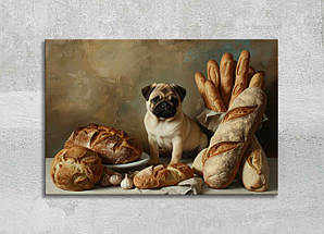 Картина Мопс з Булочками Багет Собака з Хлібом Сучасний Декор з Тваринами для Любителів Домашніх Вихованців VE, фото 5