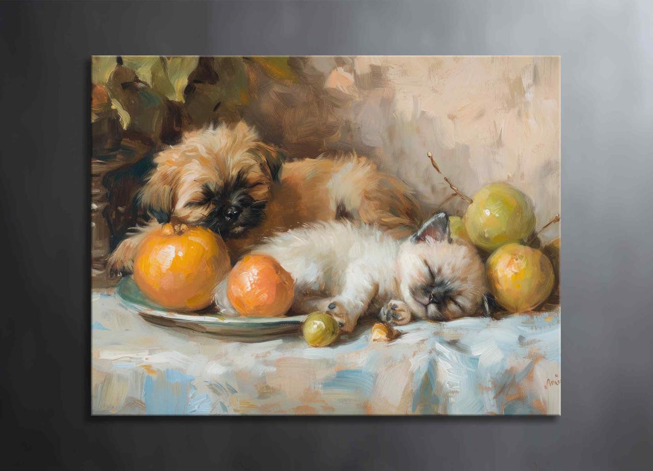 Картина Сплячі Тварини Кошеня з Собачкою Домашні Вихованці Милий Декор на Стіну Фрукти Натюрморт Подарунок VE
