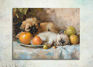 Картина Сплячі Тварини Кошеня з Собачкою Домашні Вихованці Милий Декор на Стіну Фрукти Натюрморт Подарунок VE, фото 2