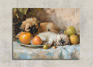 Картина Сплячі Тварини Кошеня з Собачкою Домашні Вихованці Милий Декор на Стіну Фрукти Натюрморт Подарунок VE, фото 3