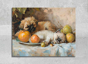 Картина Сплячі Тварини Кошеня з Собачкою Домашні Вихованці Милий Декор на Стіну Фрукти Натюрморт Подарунок VE, фото 4