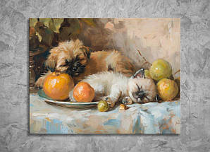 Картина Сплячі Тварини Кошеня з Собачкою Домашні Вихованці Милий Декор на Стіну Фрукти Натюрморт Подарунок VE, фото 5