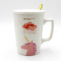 Чашка с крышкой и ложкой 400мл, универсальная кружка на подарок, чашка для чая/кофе белая с рисунком единорога