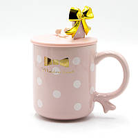 Чашка в горошок з кришкою-підставкою, універсальна кружка на подарунок, чашка для чаю/кави рожева 360мл топ