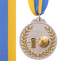Медаль спортивная с лентой двухцветная Zelart Баскетбол C-4849 цвет серебряный kl