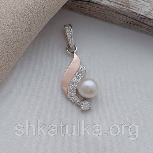 Підвіска срібна із золотою напайкою білою перлиною та цирконами, фото 1