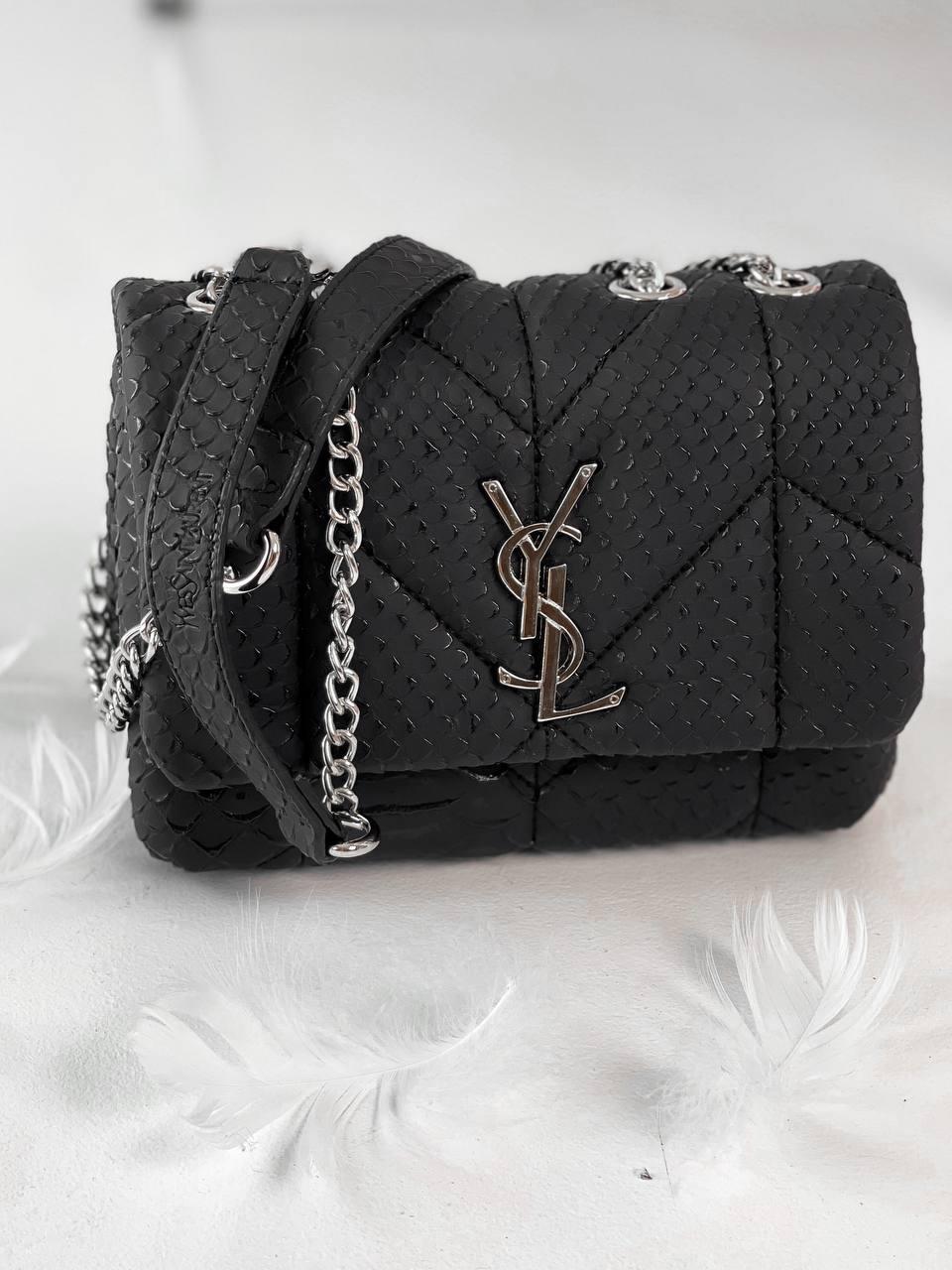 Жіноча сумка Yves Saint Laurent Puff Mini Black Croc (Чорна) Сумка Крос Боді шкіра 2 відділення на ланцюжках YSL