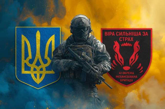 Прапор 41 ОМБр ЗСУ Воїн з гербом України та підрозділу, фото 1
